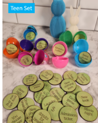 Thirty-two round wooden laser-engraved teen Easter egg reward tokens displayed beside colorful open plastic Easter eggs on a marble surface, with rewards including extended curfew, extra phone time, movie night, and admission ticket